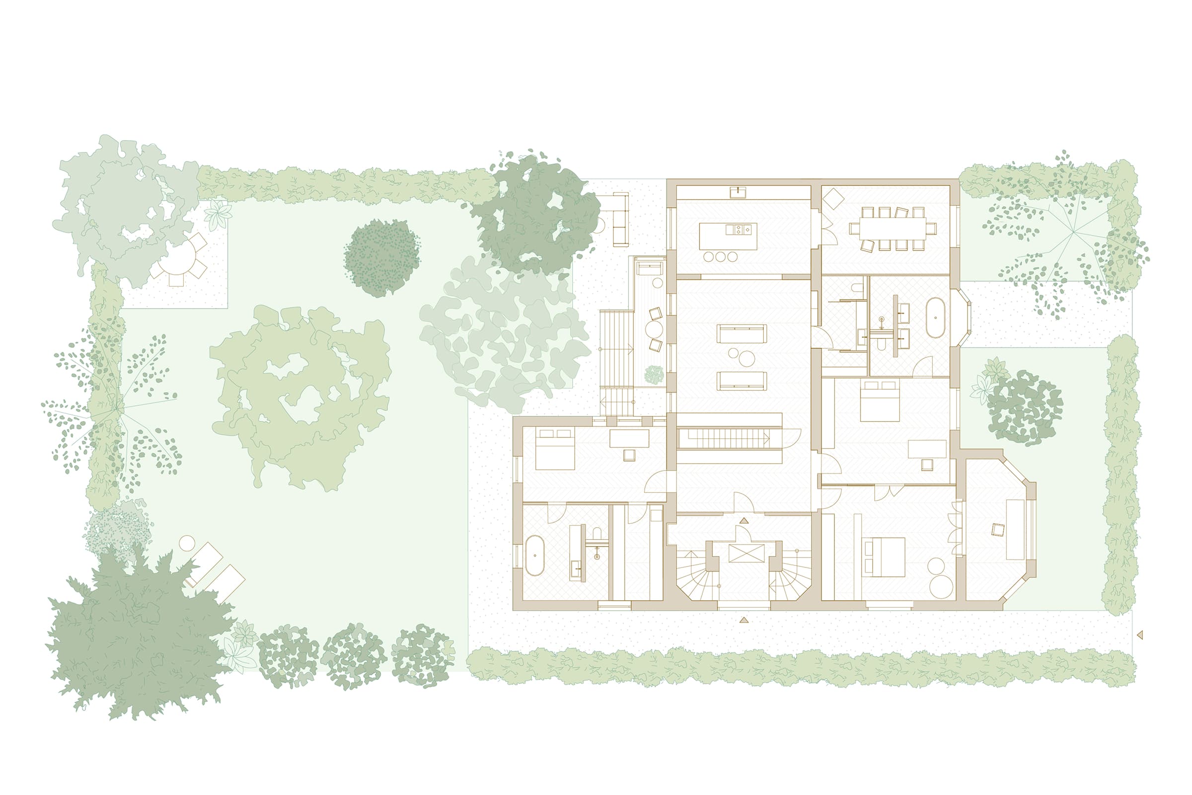 Grundriss Top 1 — Stilvolle Gartenetage im Hietzinger Cottage — 7 Zimmer — 298 m² — Basement / Ground floor — Garten — Grundriss 1/2