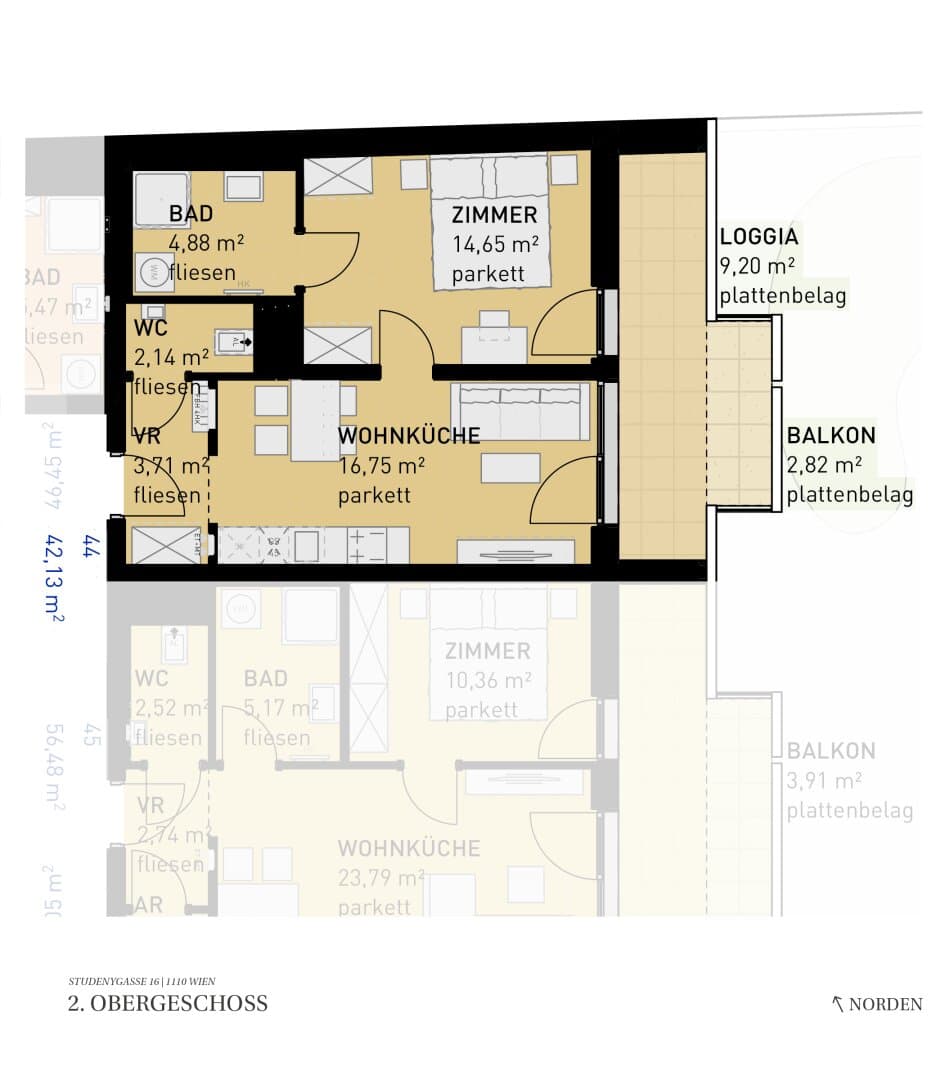 Grundriss Top 44 — Wohngefühl Simmering — 2 Zimmer — 42,1 m² — 2nd floor