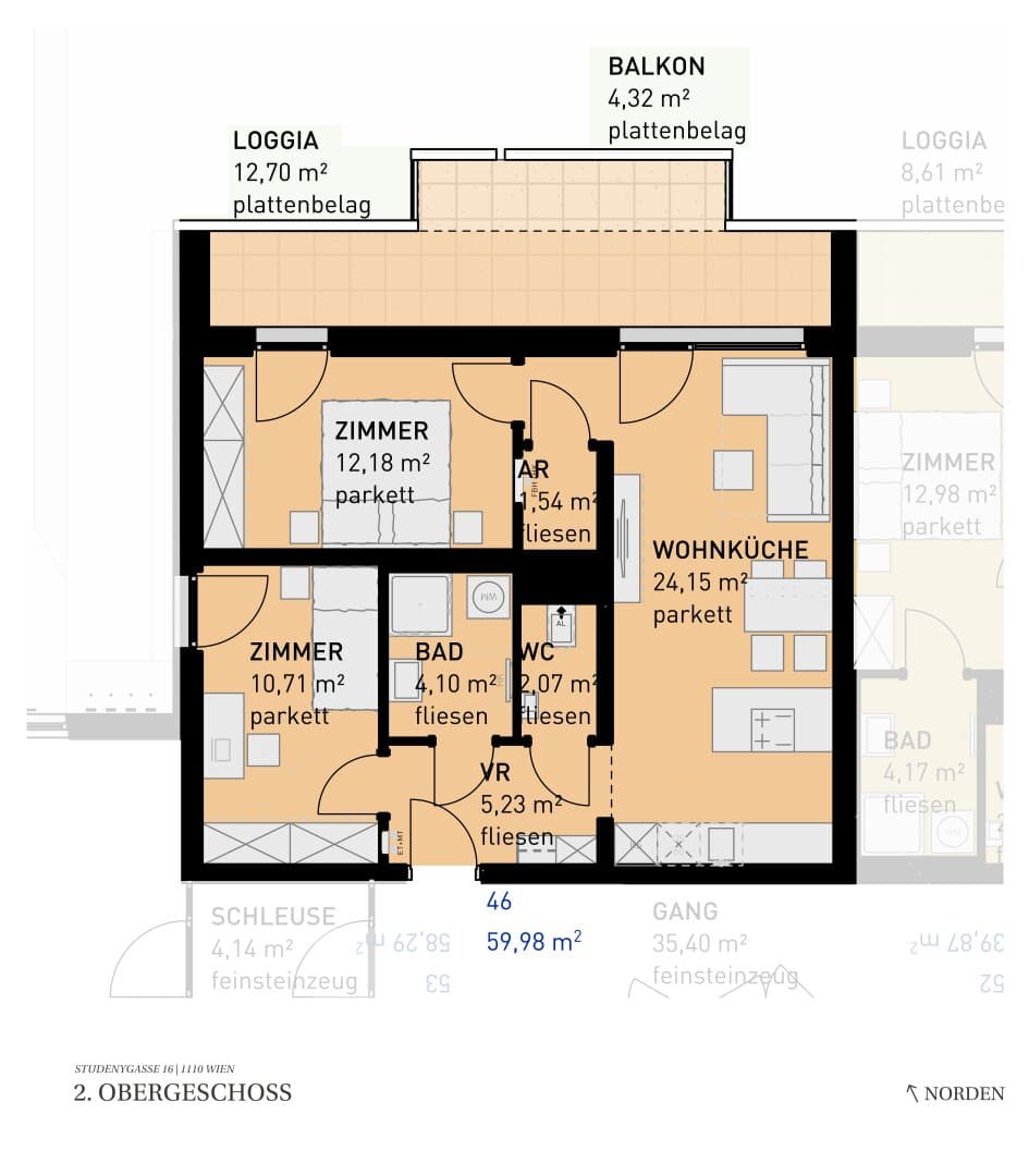 Grundriss Top 46 — Wohngefühl Simmering — 3 Zimmer — 60 m² — 2nd floor