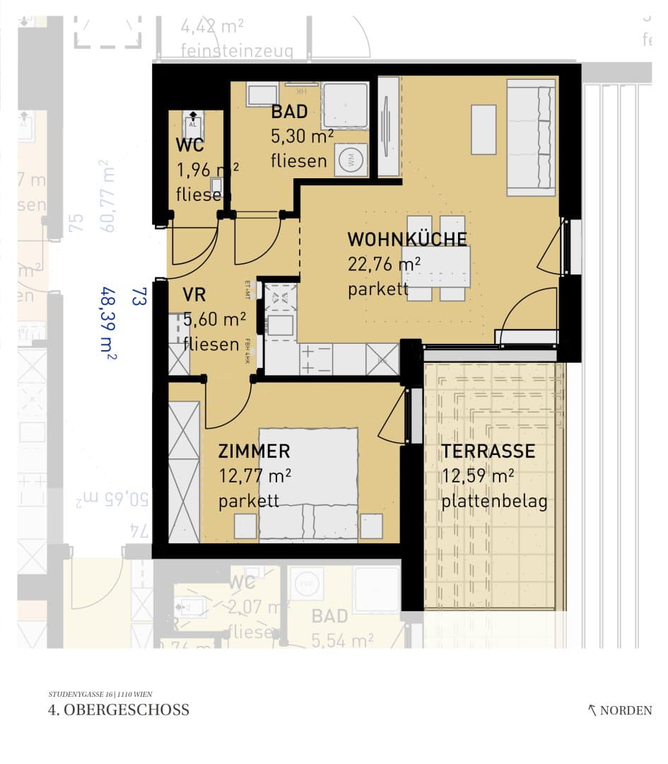 Grundriss Top 73 — Wohngefühl Simmering — 2 Zimmer — 48,4 m² — 4th floor