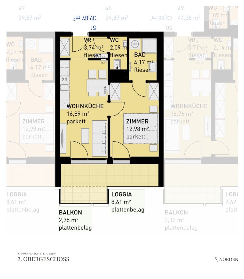 Grundriss Top 51 — Wohngefühl Simmering — 2 Zimmer — 39,9 m² — 2nd floor