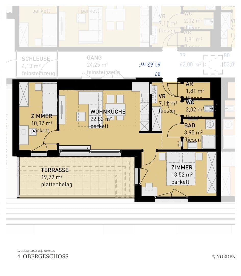 Grundriss Top 82 — Wohngefühl Simmering — 3 Zimmer — 61,6 m² — 4th floor
