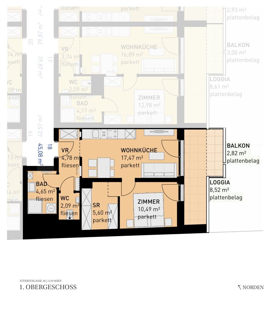 Grundriss Top 18 — Wohngefühl Simmering — 2 Zimmer — 45,1 m² — 1st floor