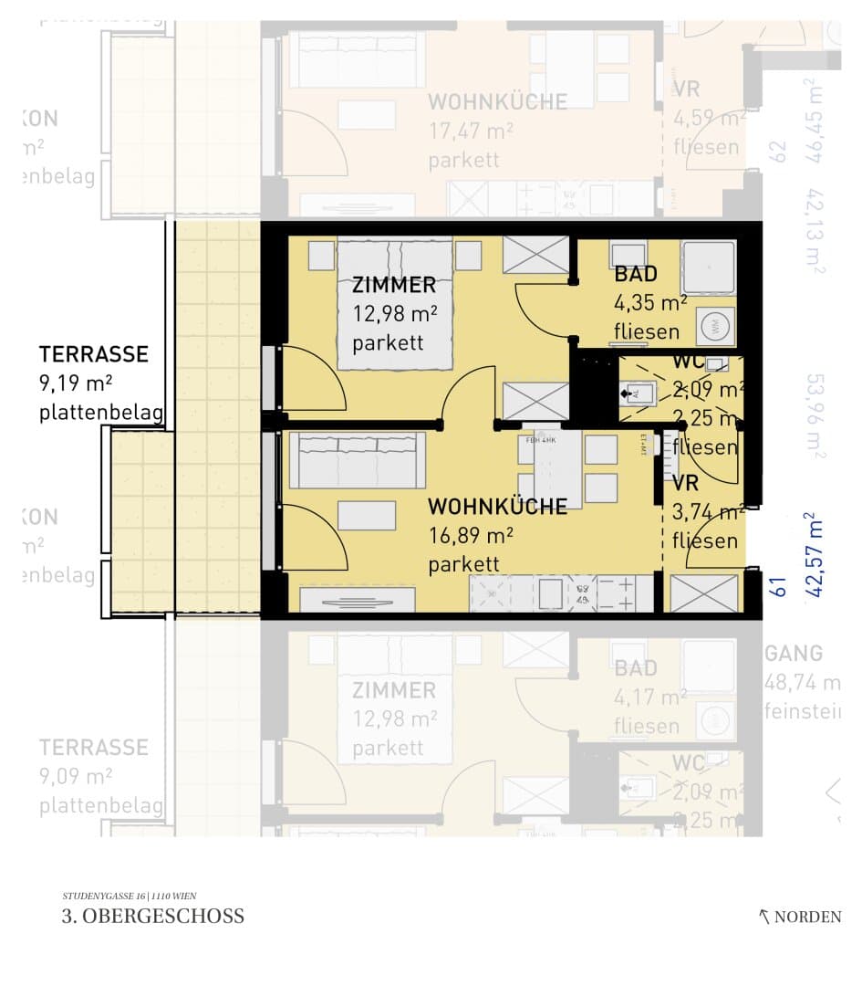 Grundriss Top 61 — Wohngefühl Simmering — 2 Zimmer — 42,6 m² — 3rd floor