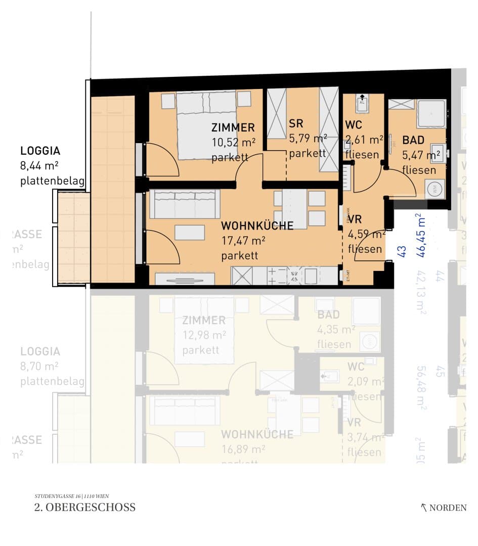 Grundriss Top 43 — Wohngefühl Simmering — 2 Zimmer — 46,5 m² — 2nd floor