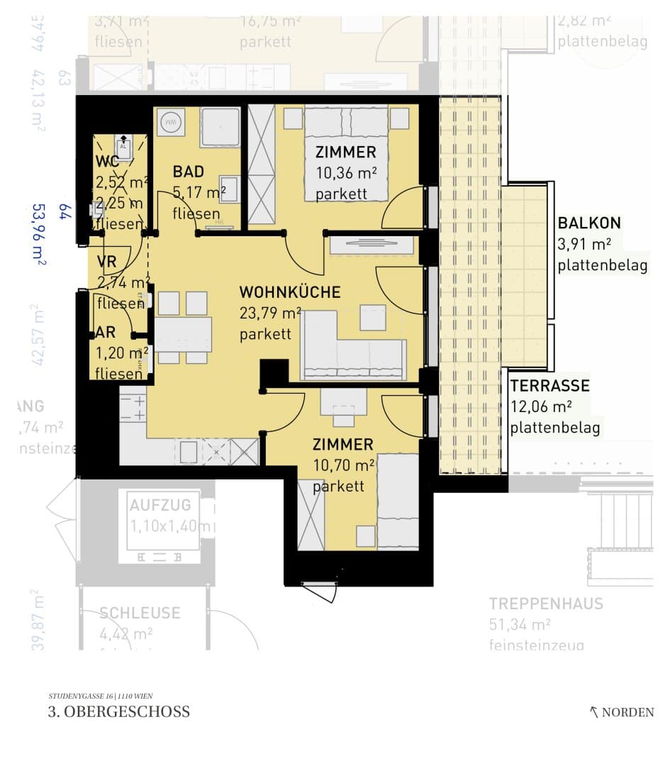 Grundriss Top 64 — Wohngefühl Simmering — 3 Zimmer — 54 m² — 3rd floor