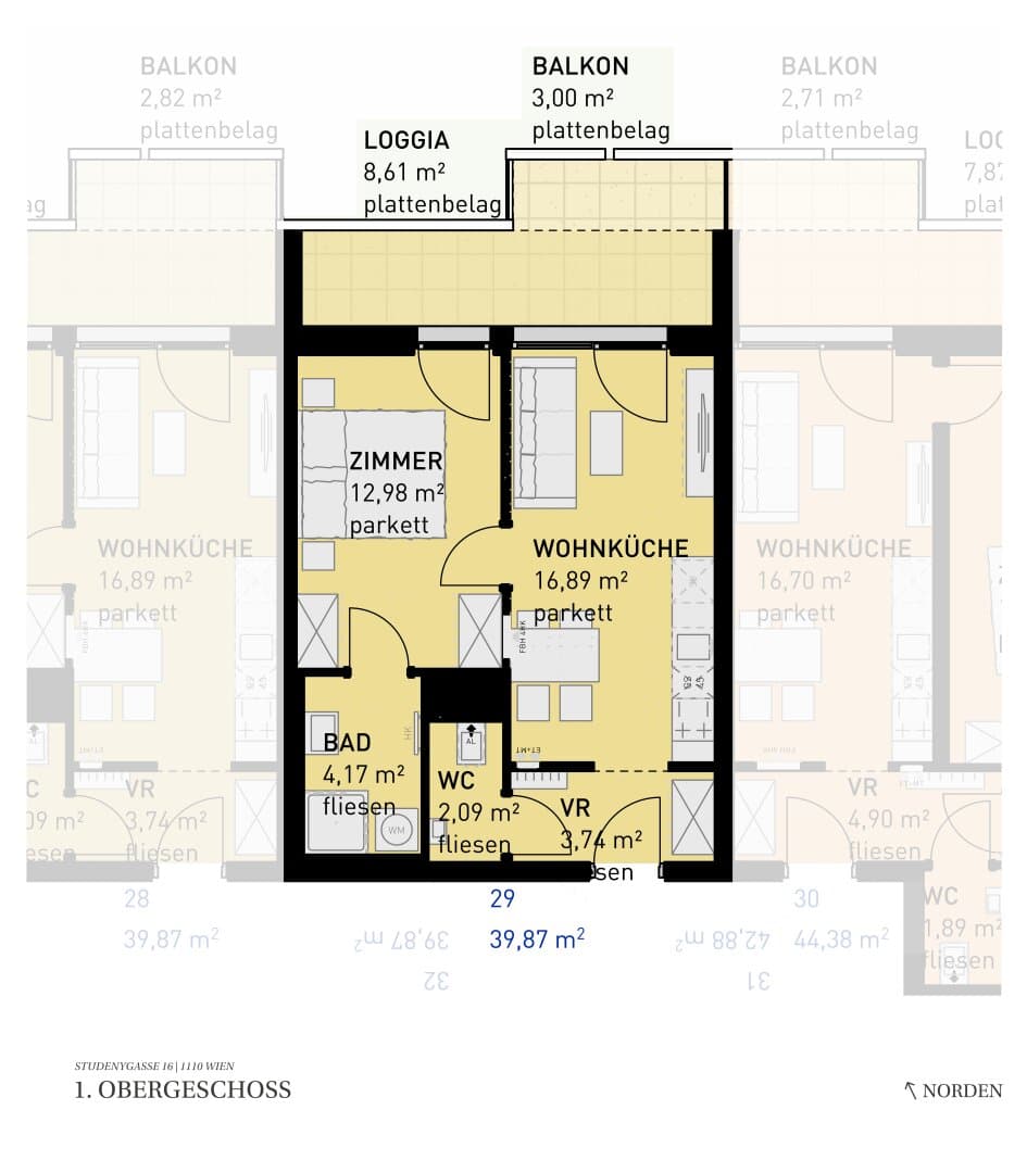 Grundriss Top 29 — Wohngefühl Simmering — 2 Zimmer — 39,9 m² — 1st floor
