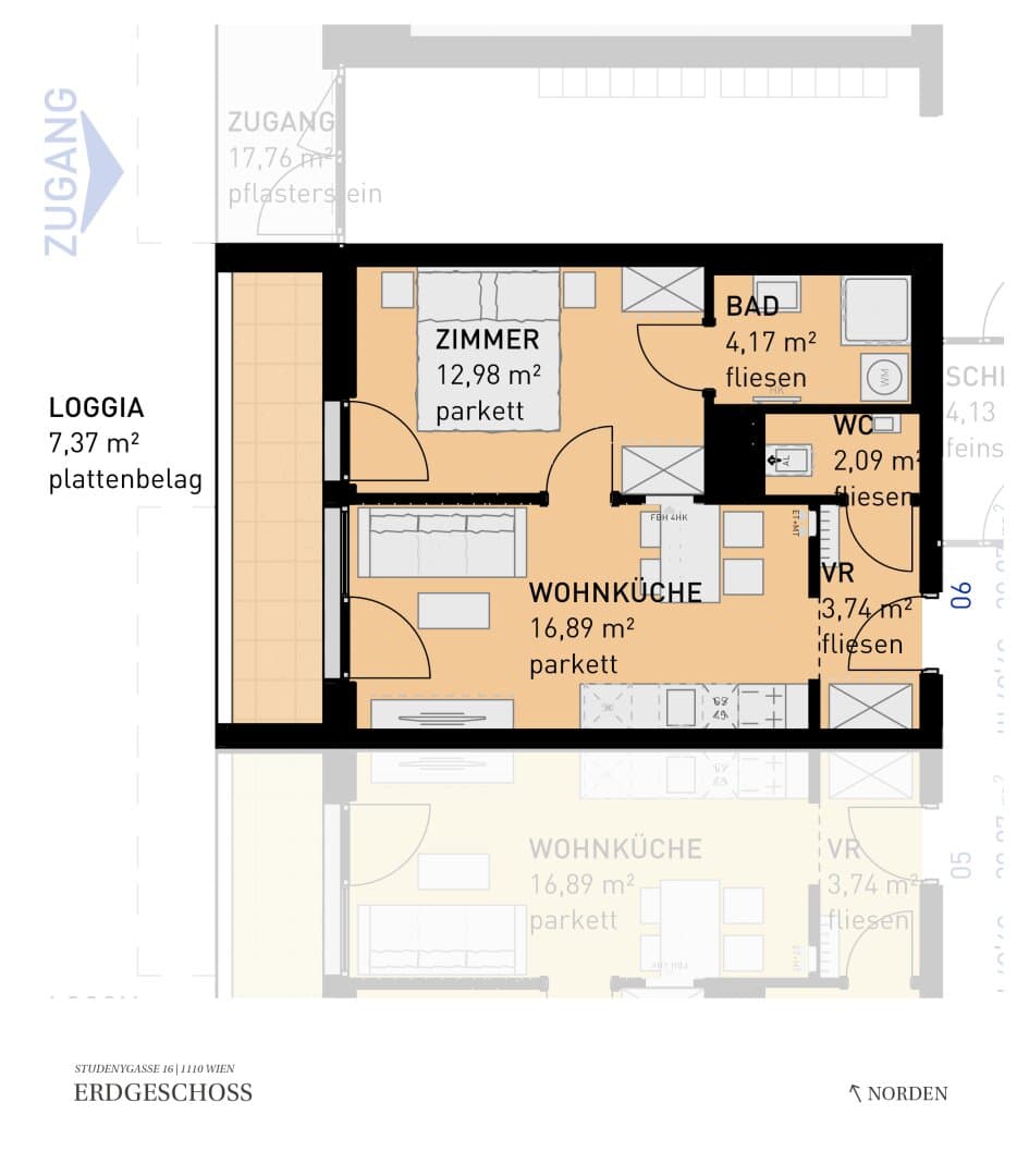Grundriss Top 06 — Wohngefühl Simmering — 2 Zimmer — 38,9 m² — Ground floor