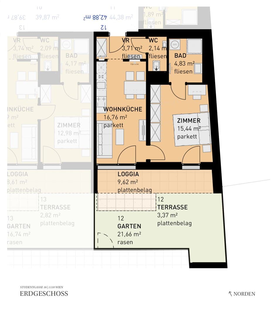 Grundriss Top 12 — Wohngefühl Simmering — 2 Zimmer — 42,9 m² — Ground floor