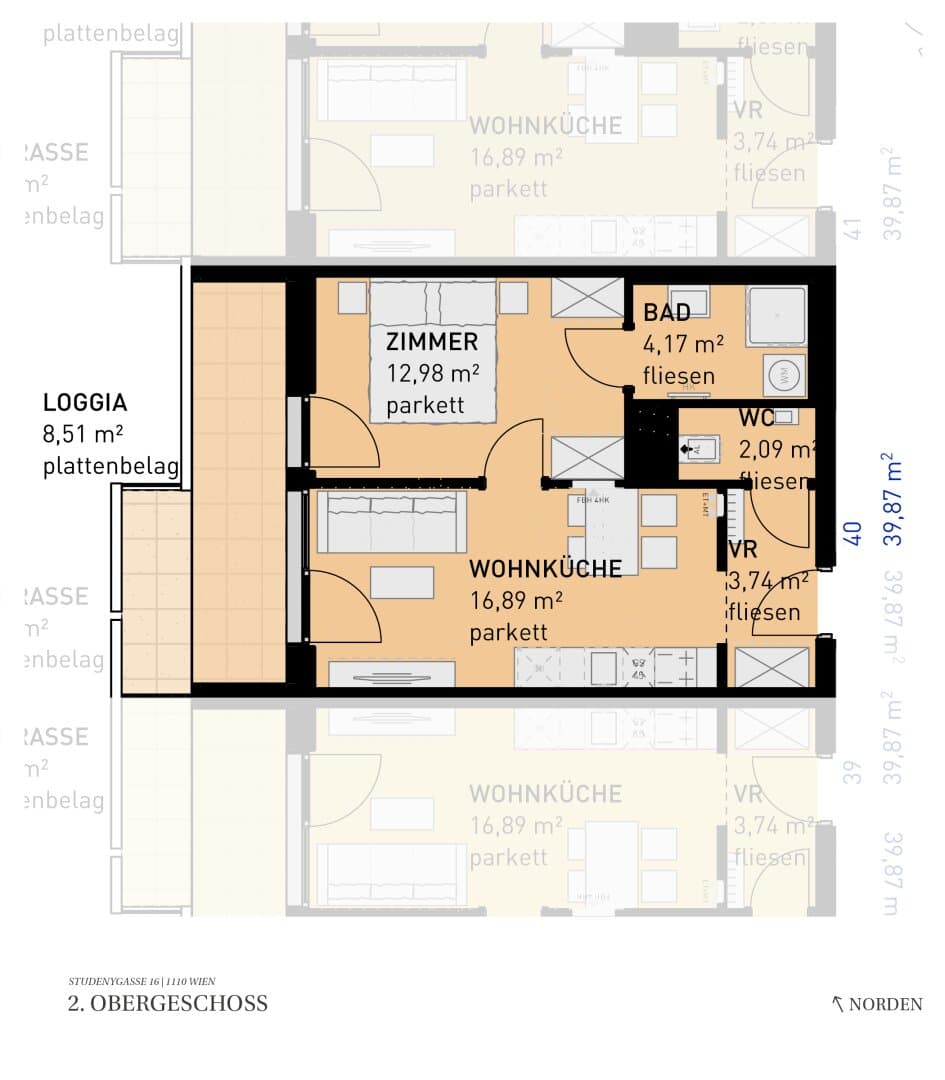 Grundriss Top 40 — Wohngefühl Simmering — 2 Zimmer — 39,9 m² — 2nd floor