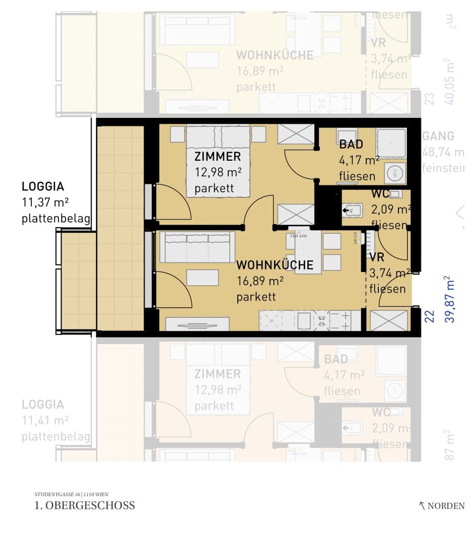 Grundriss Top 22 — Wohngefühl Simmering — 2 Zimmer — 39,9 m² — 1st floor