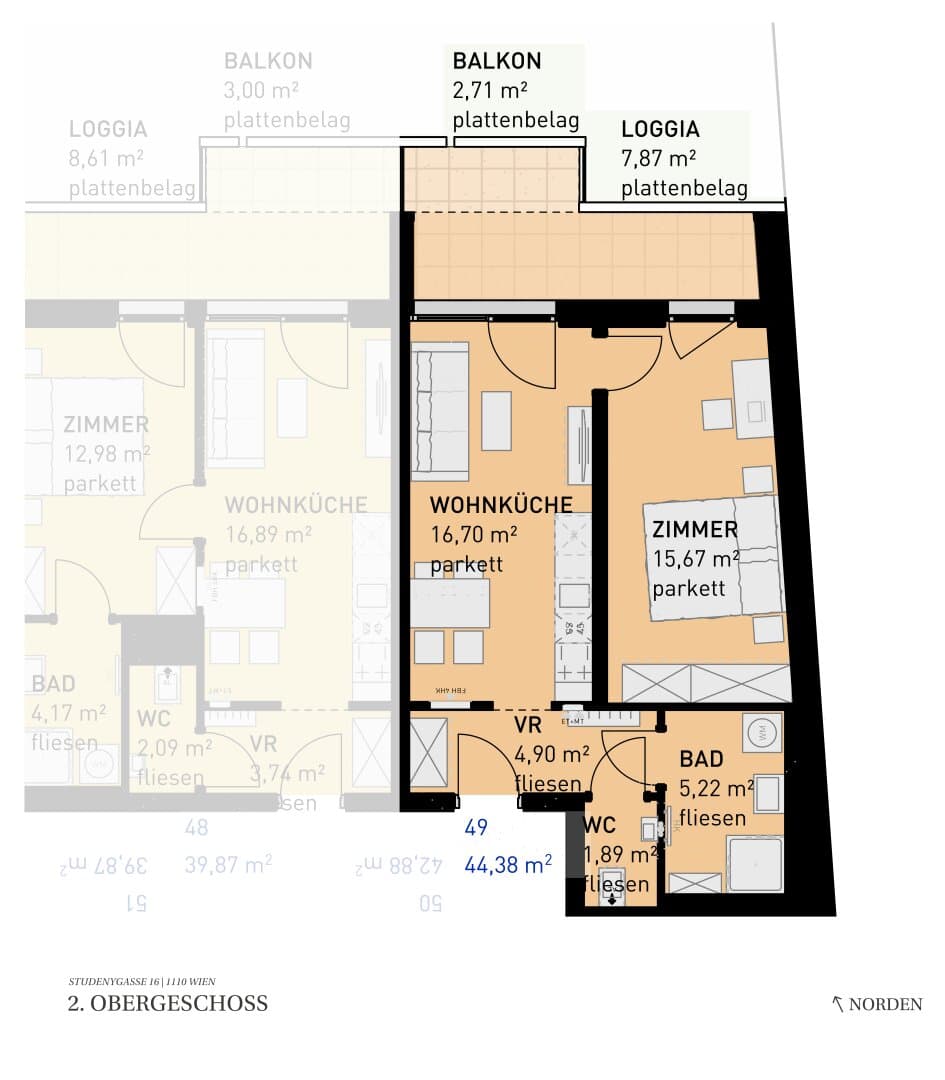 Grundriss Top 49 — Wohngefühl Simmering — 2 Zimmer — 44,4 m² — 2nd floor