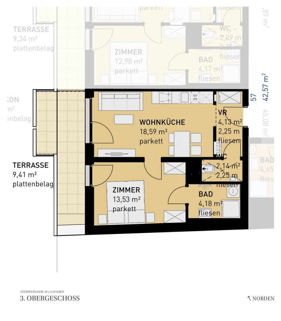 Grundriss Top 57 — Wohngefühl Simmering — 2 Zimmer — 42,6 m² — 3rd floor