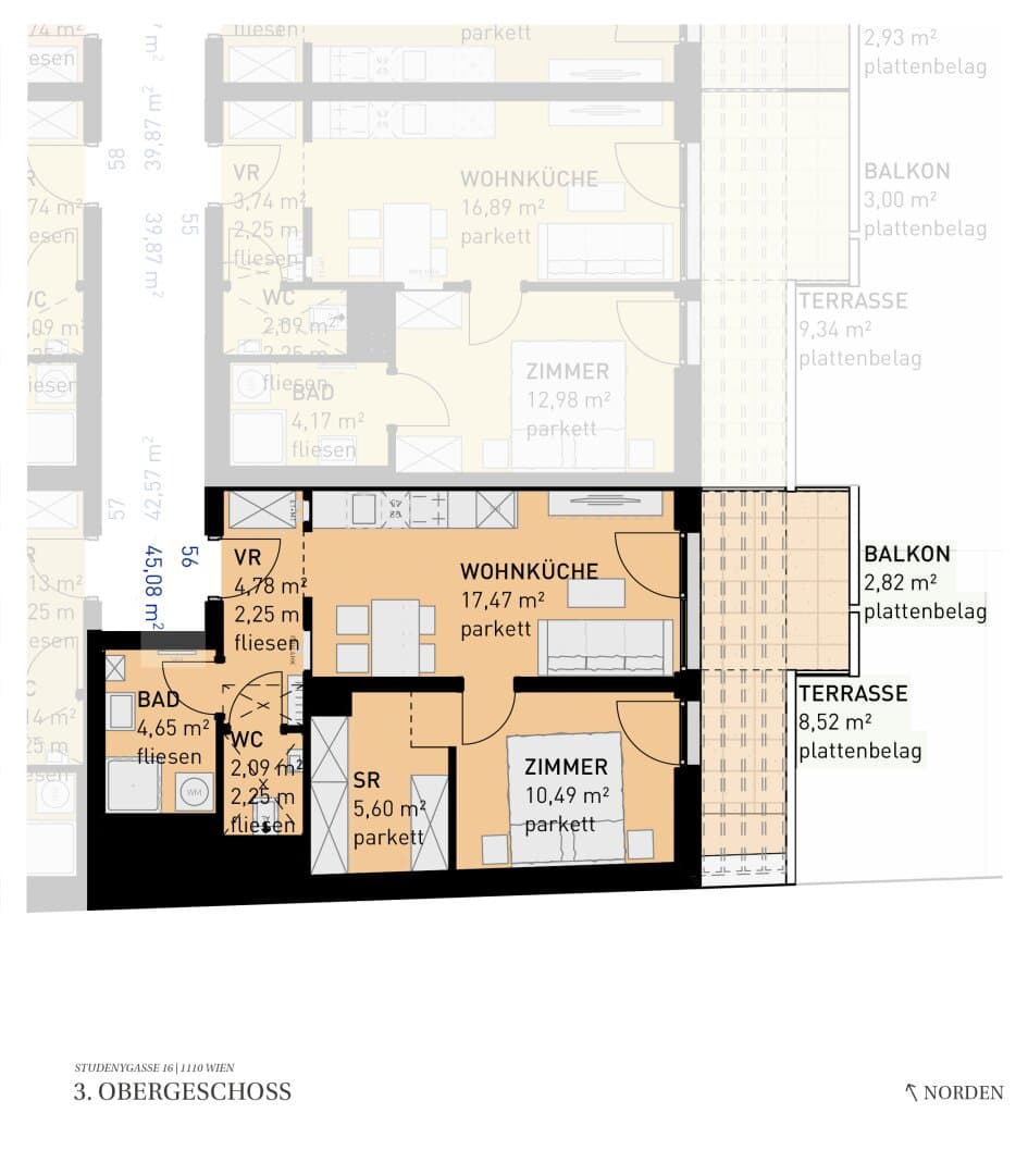 Grundriss Top 56 — Wohngefühl Simmering — 2 Zimmer — 45,1 m² — 3rd floor