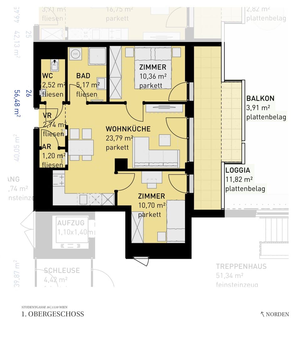 Grundriss Top 26 — Wohngefühl Simmering — 3 Zimmer — 56,5 m² — 1st floor