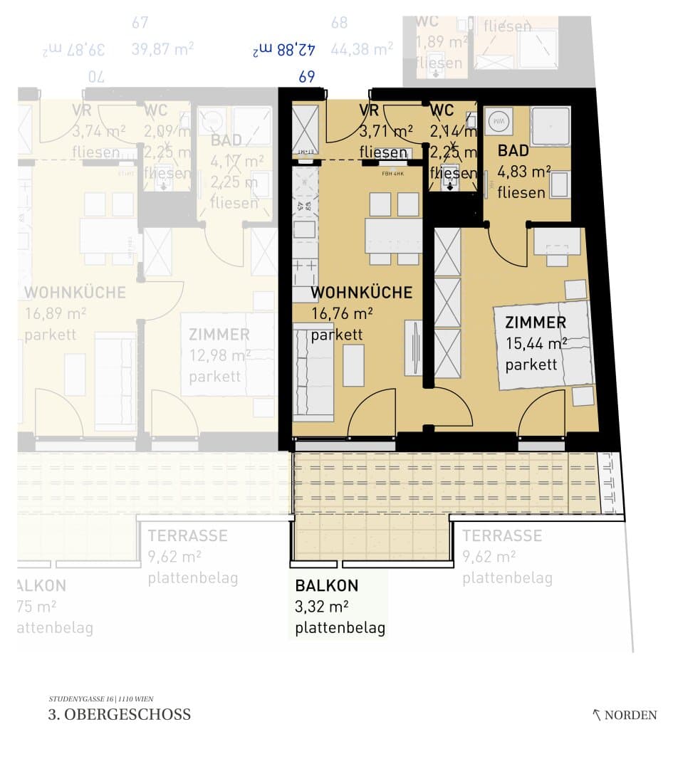 Grundriss Top 69 — Wohngefühl Simmering — 2 Zimmer — 42,9 m² — 3rd floor