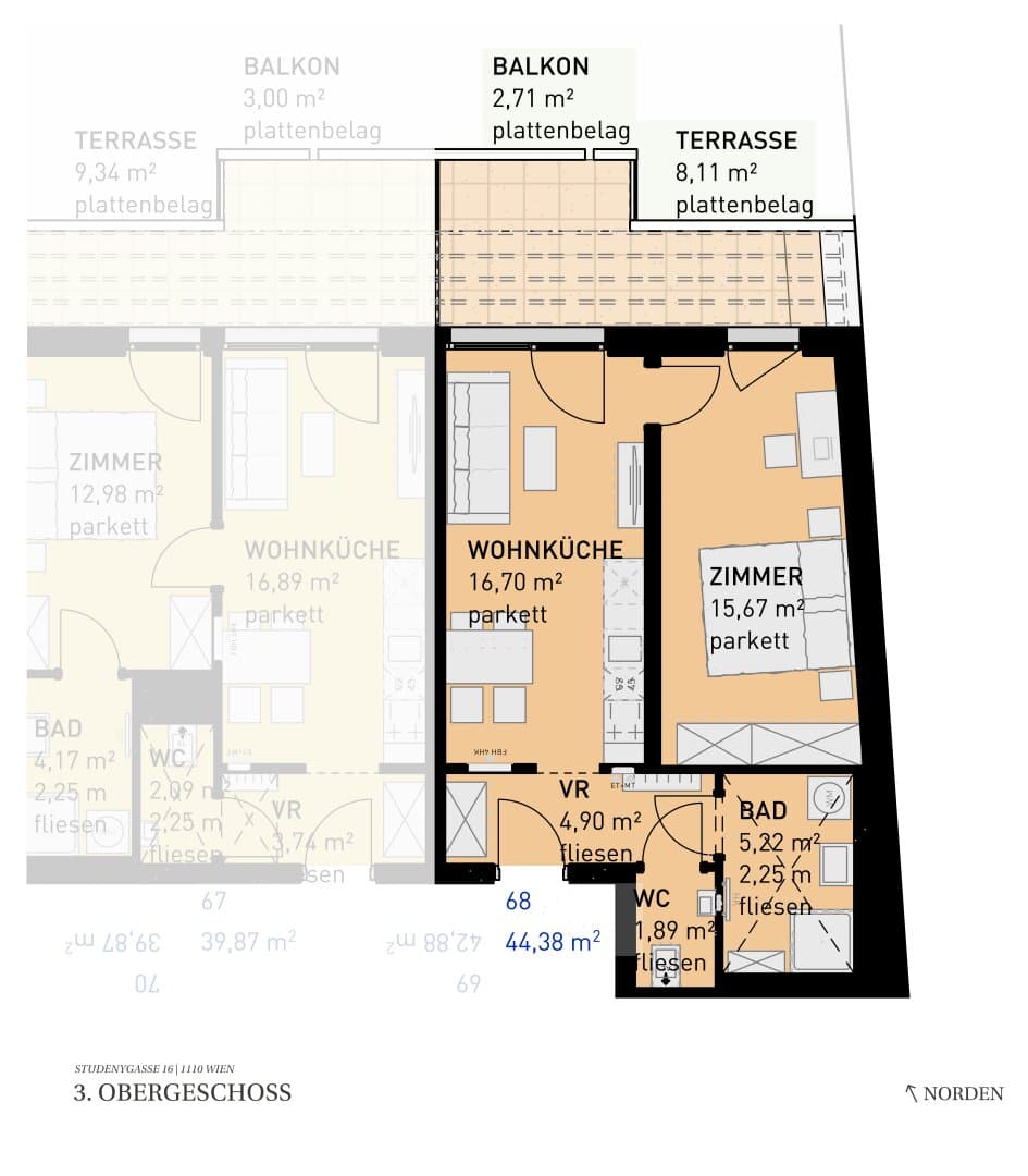 Grundriss Top 68 — Wohngefühl Simmering — 2 Zimmer — 44,4 m² — 3rd floor