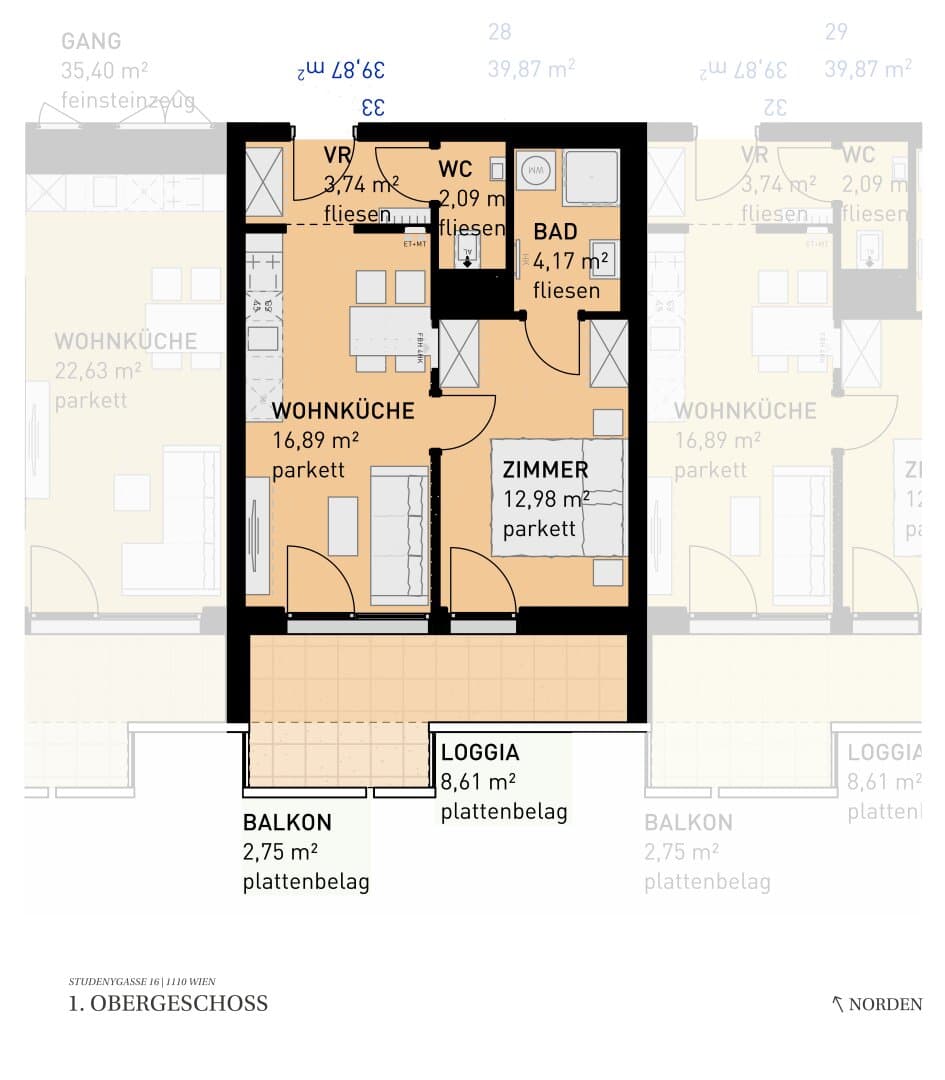 Grundriss Top 33 — Wohngefühl Simmering — 2 Zimmer — 39,9 m² — 1st floor