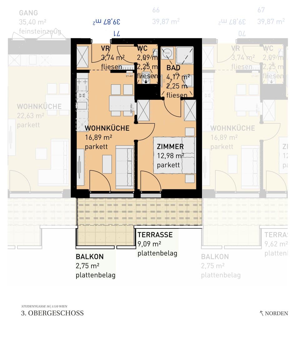 Grundriss Top 71 — Wohngefühl Simmering — 2 Zimmer — 39,9 m² — 3rd floor