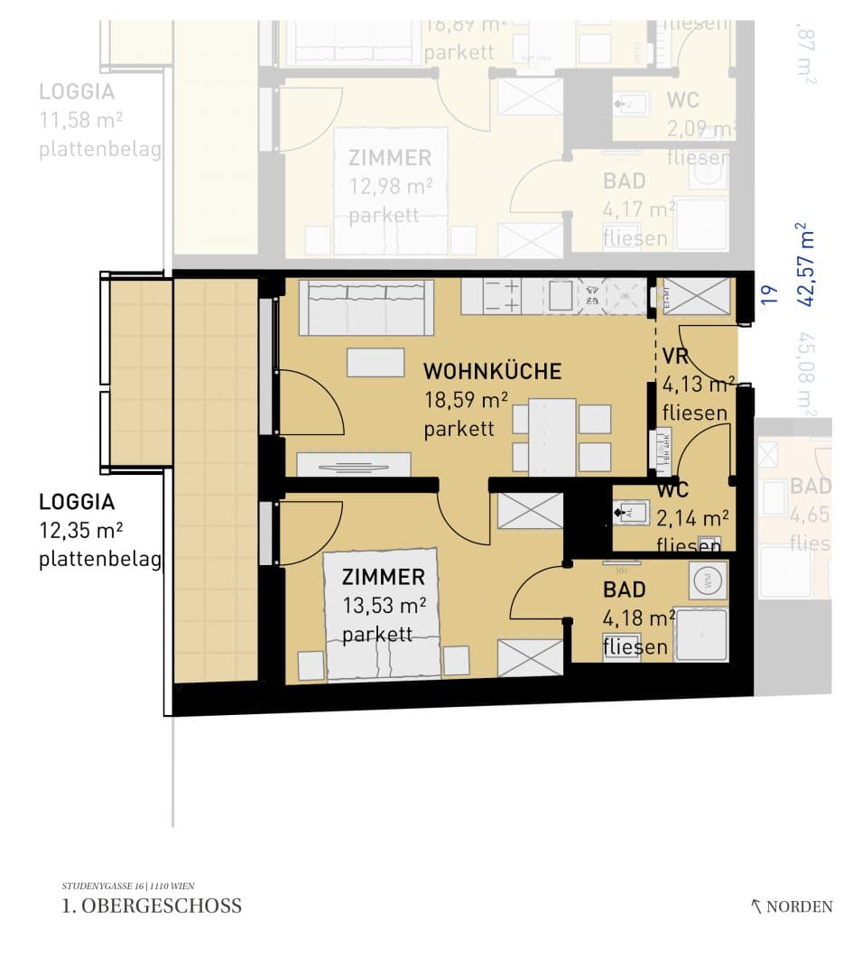Grundriss Top 19 — Wohngefühl Simmering — 2 Zimmer — 42,6 m² — 1st floor