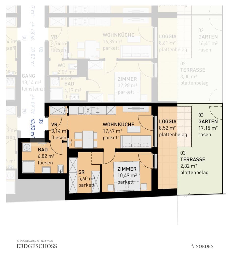Grundriss Top 03 — Wohngefühl Simmering — 2 Zimmer — 43,5 m² — Ground floor