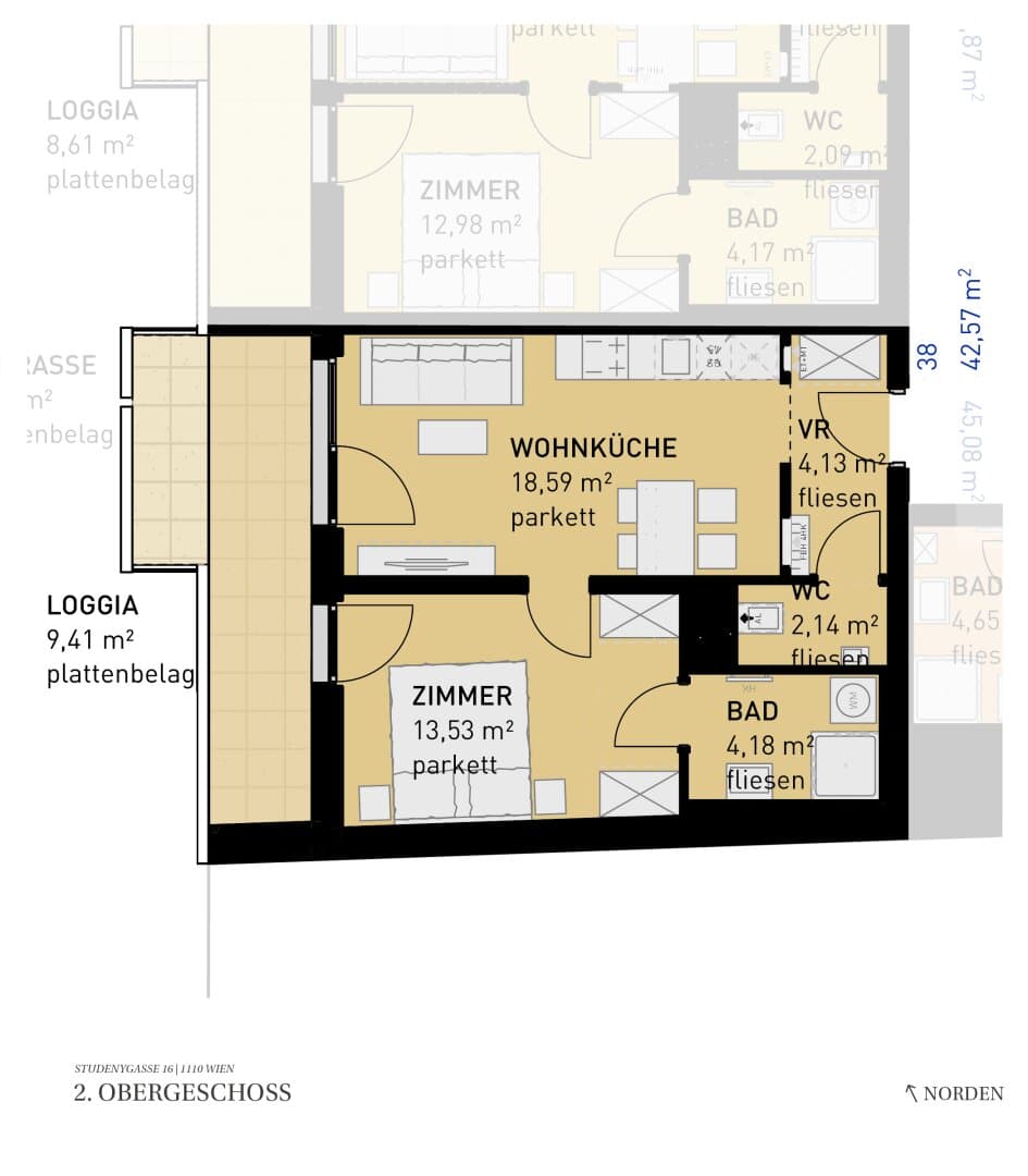 Grundriss Top 38 — Wohngefühl Simmering — 2 Zimmer — 42,6 m² — 2nd floor