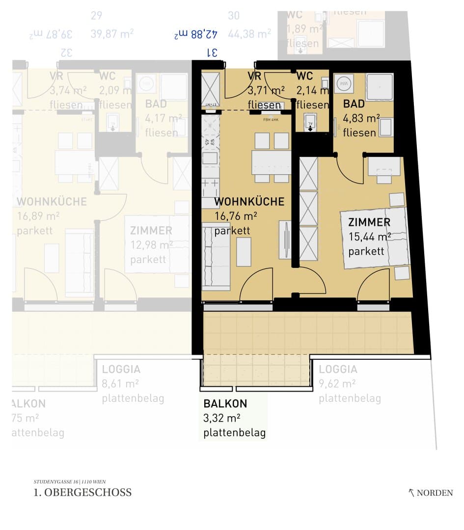Grundriss Top 31 — Wohngefühl Simmering — 2 Zimmer — 42,9 m² — 1st floor