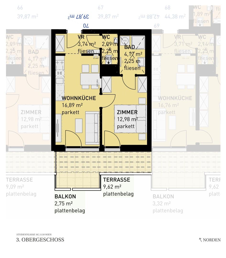 Grundriss Top 70 — Wohngefühl Simmering — 2 Zimmer — 39,9 m² — 3rd floor