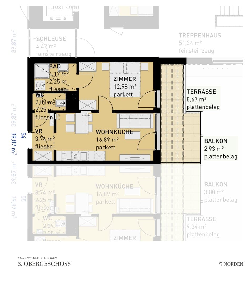 Grundriss Top 54 — Wohngefühl Simmering — 2 Zimmer — 39,9 m² — 3rd floor