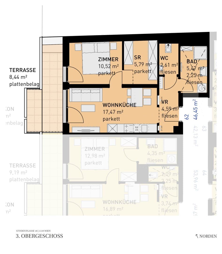 Grundriss Top 62 — Wohngefühl Simmering — 2 Zimmer — 46,5 m² — 3rd floor