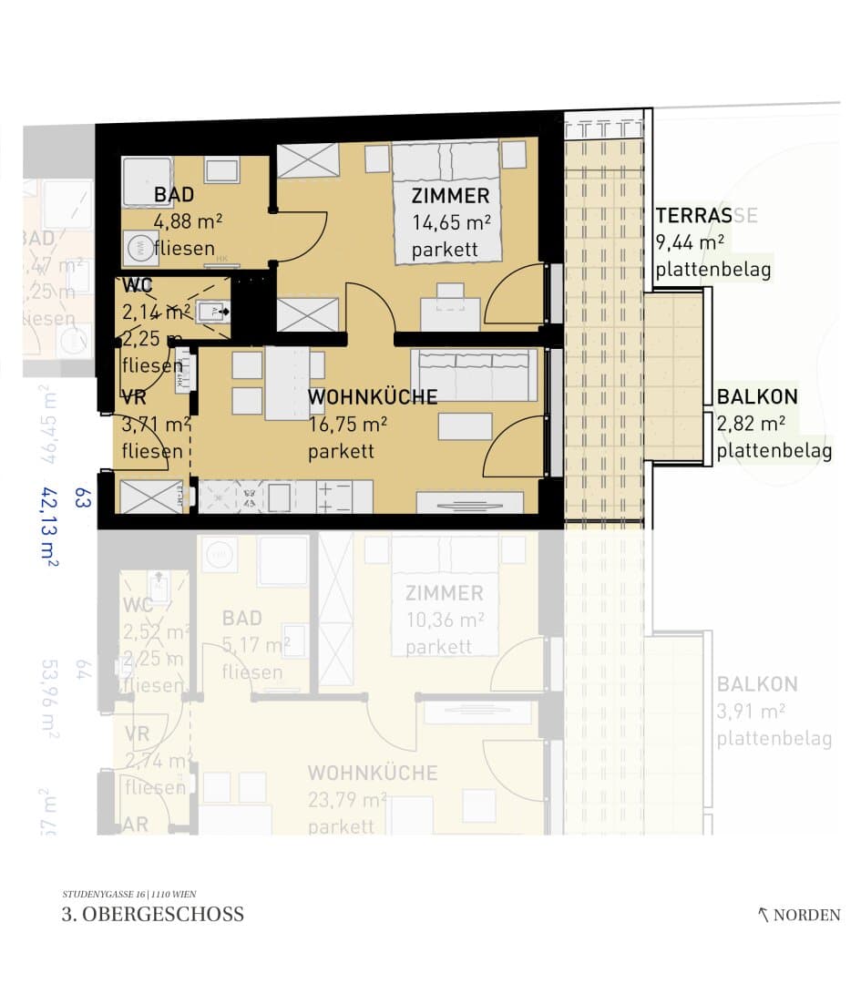 Grundriss Top 63 — Wohngefühl Simmering — 2 Zimmer — 42,1 m² — 3rd floor