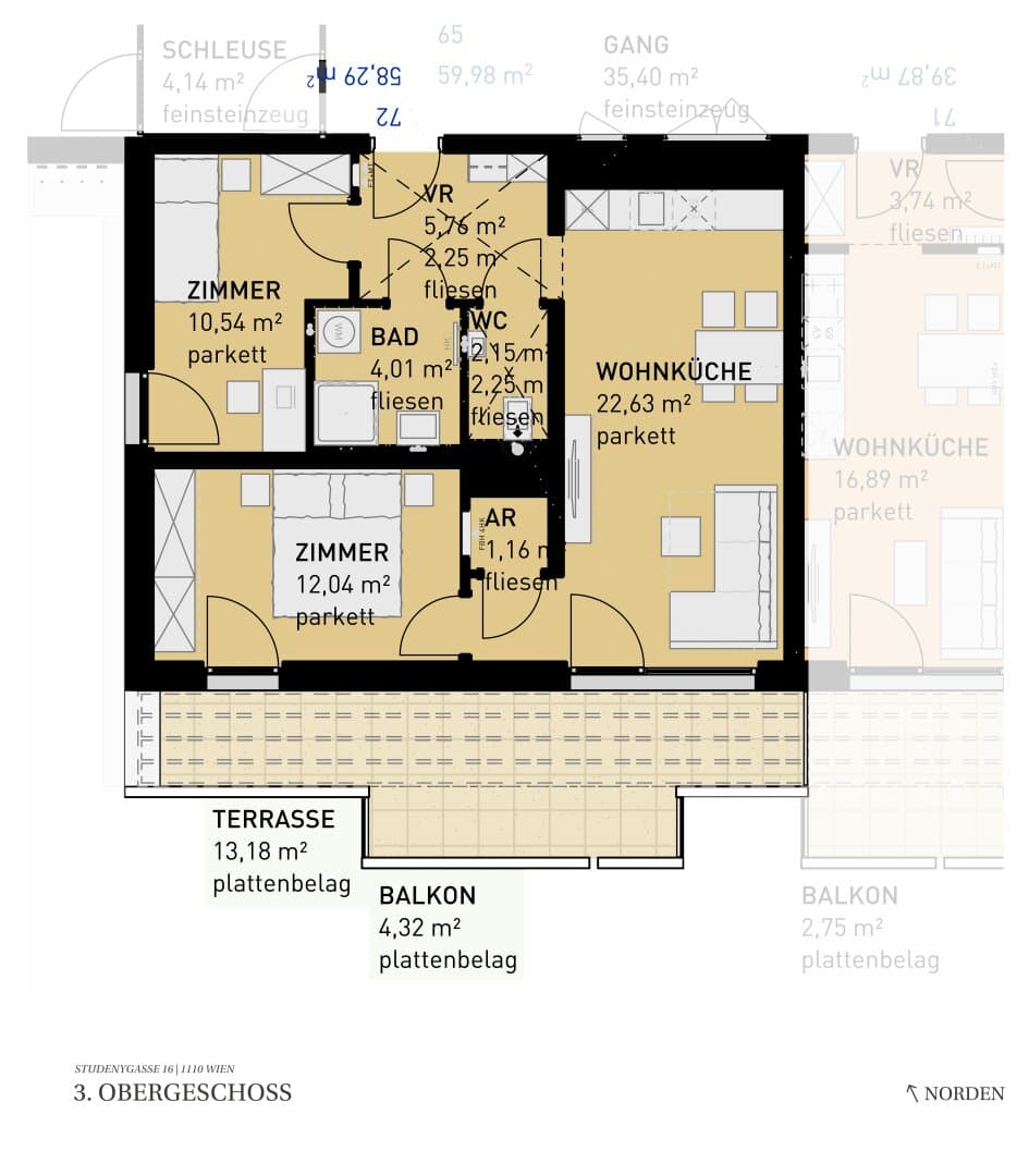Grundriss Top 72 — Wohngefühl Simmering — 3 Zimmer — 58,3 m² — 3rd floor
