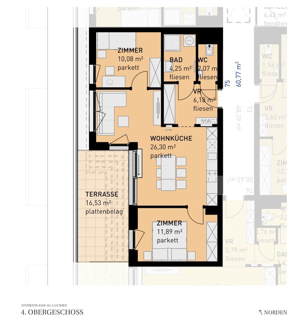 Grundriss Top 75 — Wohngefühl Simmering — 3 Zimmer — 60,8 m² — 4th floor