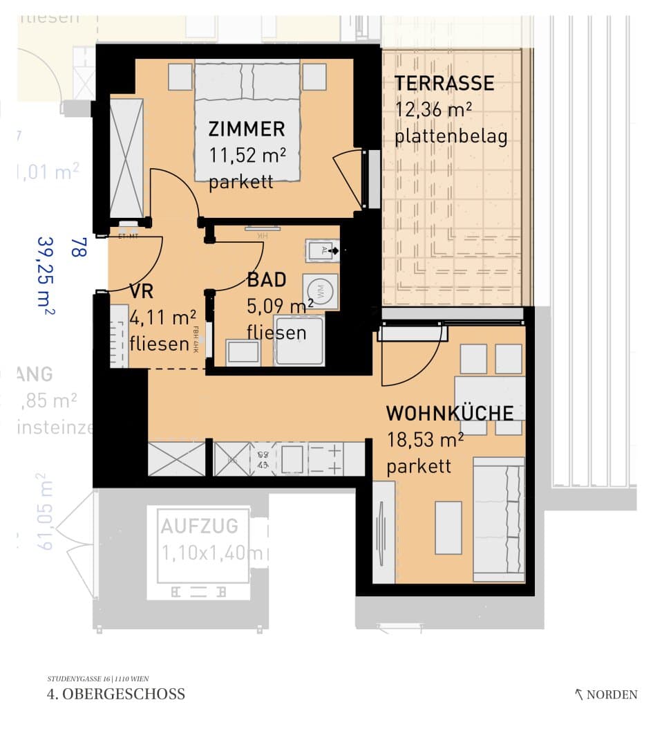 Grundriss Top 78 — Wohngefühl Simmering — 2 Zimmer — 39,3 m² — 4th floor