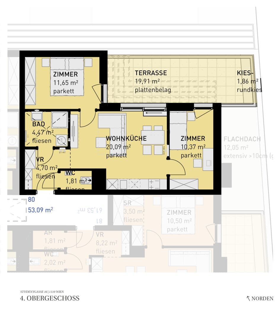 Grundriss Top 80 — Wohngefühl Simmering — 3 Zimmer — 53,1 m² — 4th floor