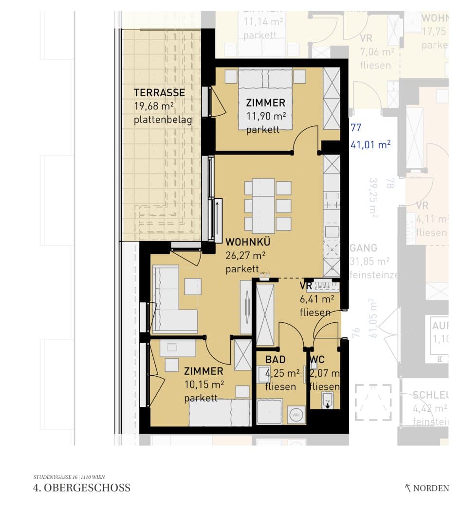 Grundriss Top 76 — Wohngefühl Simmering — 3 Zimmer — 61,1 m² — 4th floor