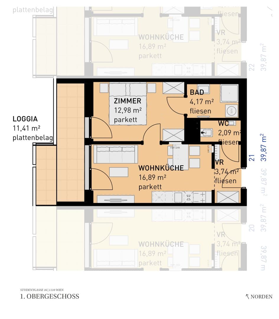 Grundriss Top 21 — Wohngefühl Simmering — 2 Zimmer — 39,9 m² — 1st floor