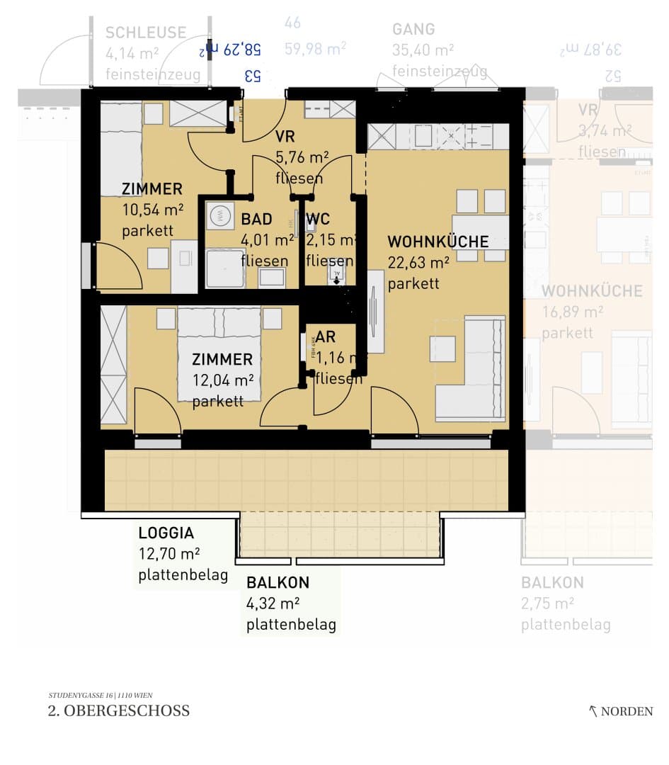 Grundriss Top 53 — Wohngefühl Simmering — 3 Zimmer — 58,3 m² — 2nd floor