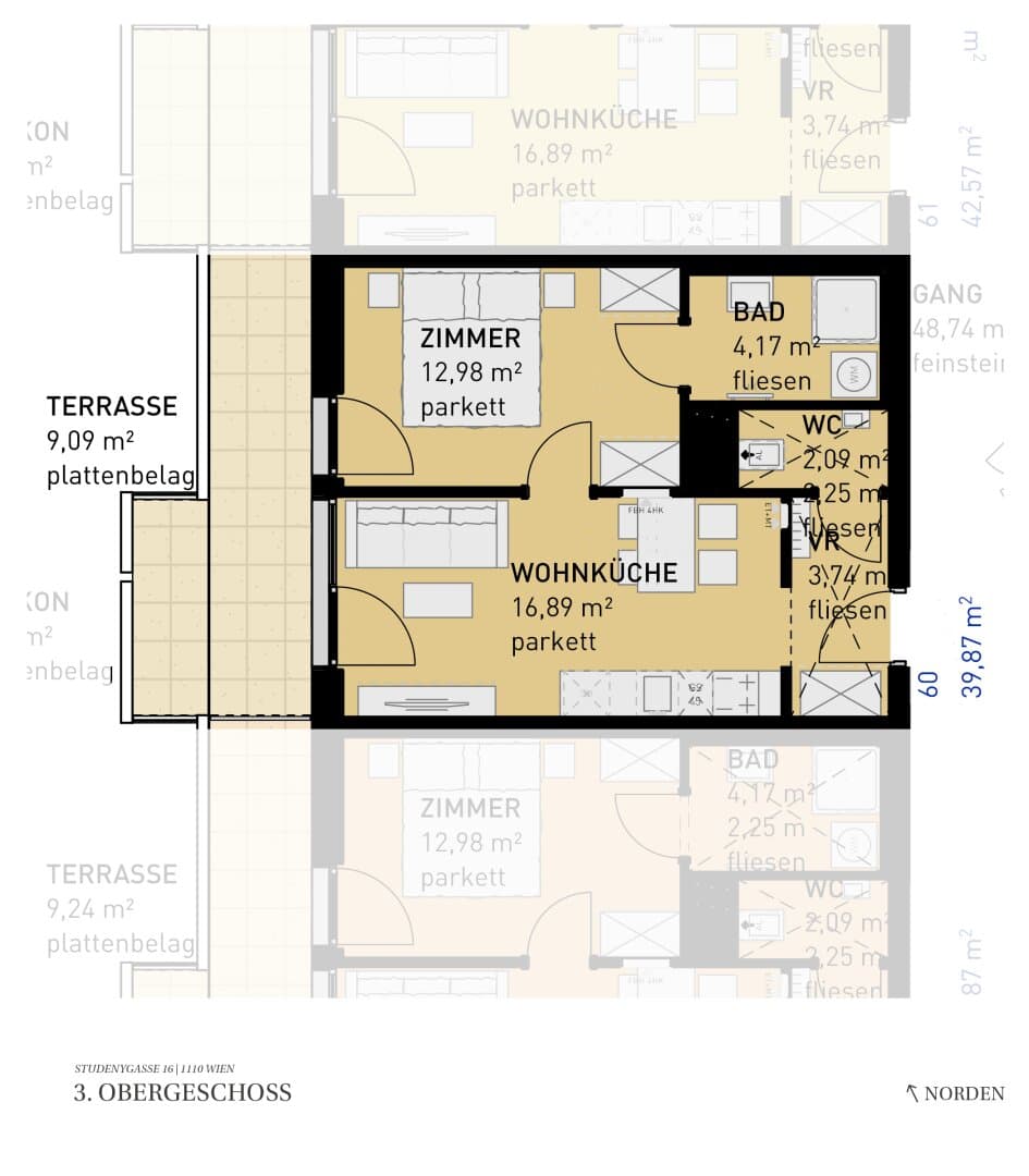 Grundriss Top 60 — Wohngefühl Simmering — 2 Zimmer — 39,9 m² — 3rd floor