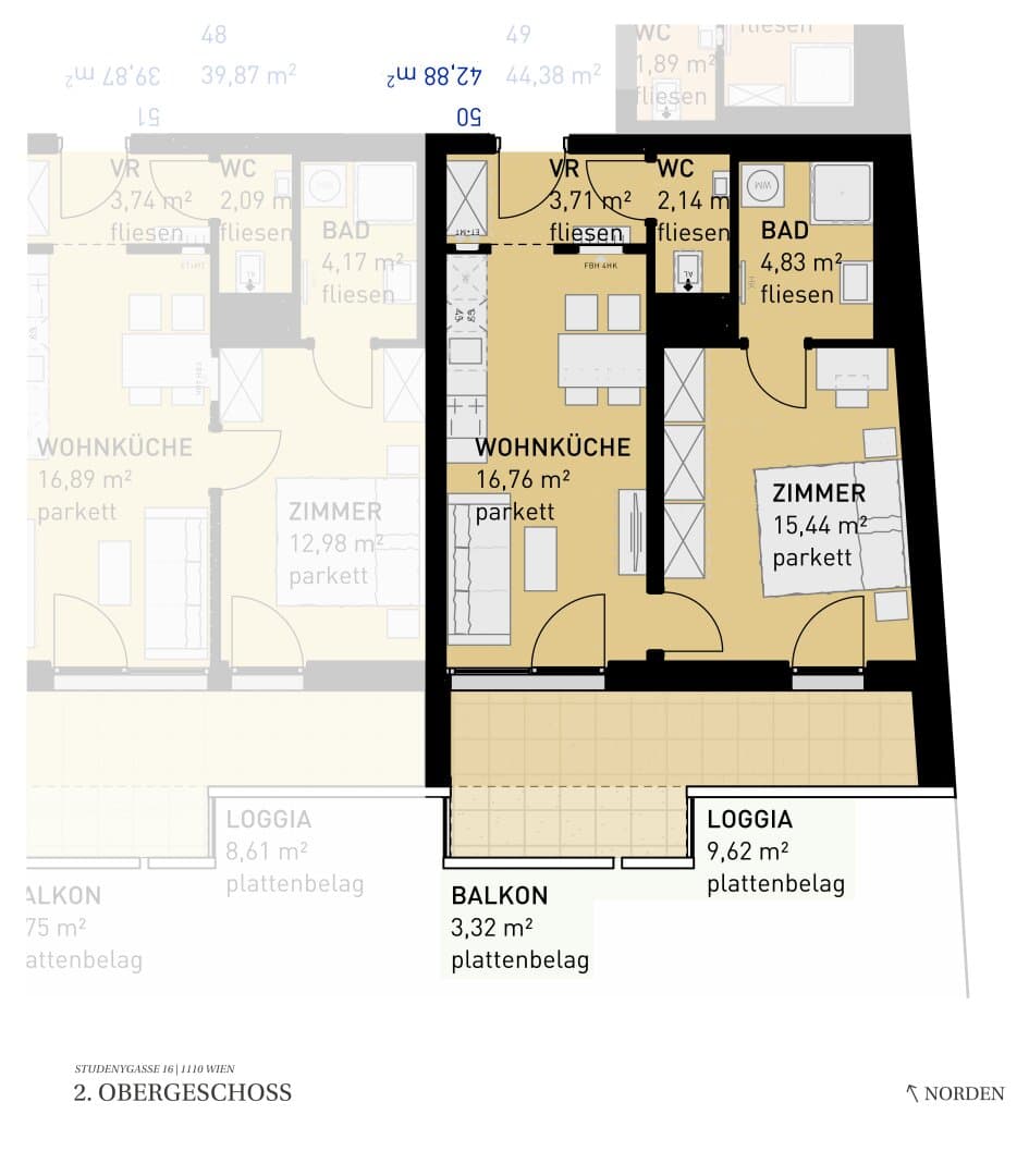 Grundriss Top 50 — Wohngefühl Simmering — 2 Zimmer — 42,9 m² — 2nd floor