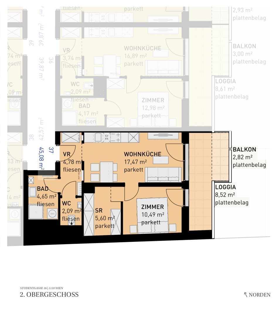 Grundriss Top 37 — Wohngefühl Simmering — 2 Zimmer — 45,1 m² — 2nd floor