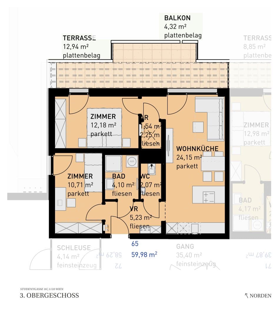 Grundriss Top 65 — Wohngefühl Simmering — 3 Zimmer — 60 m² — 3rd floor