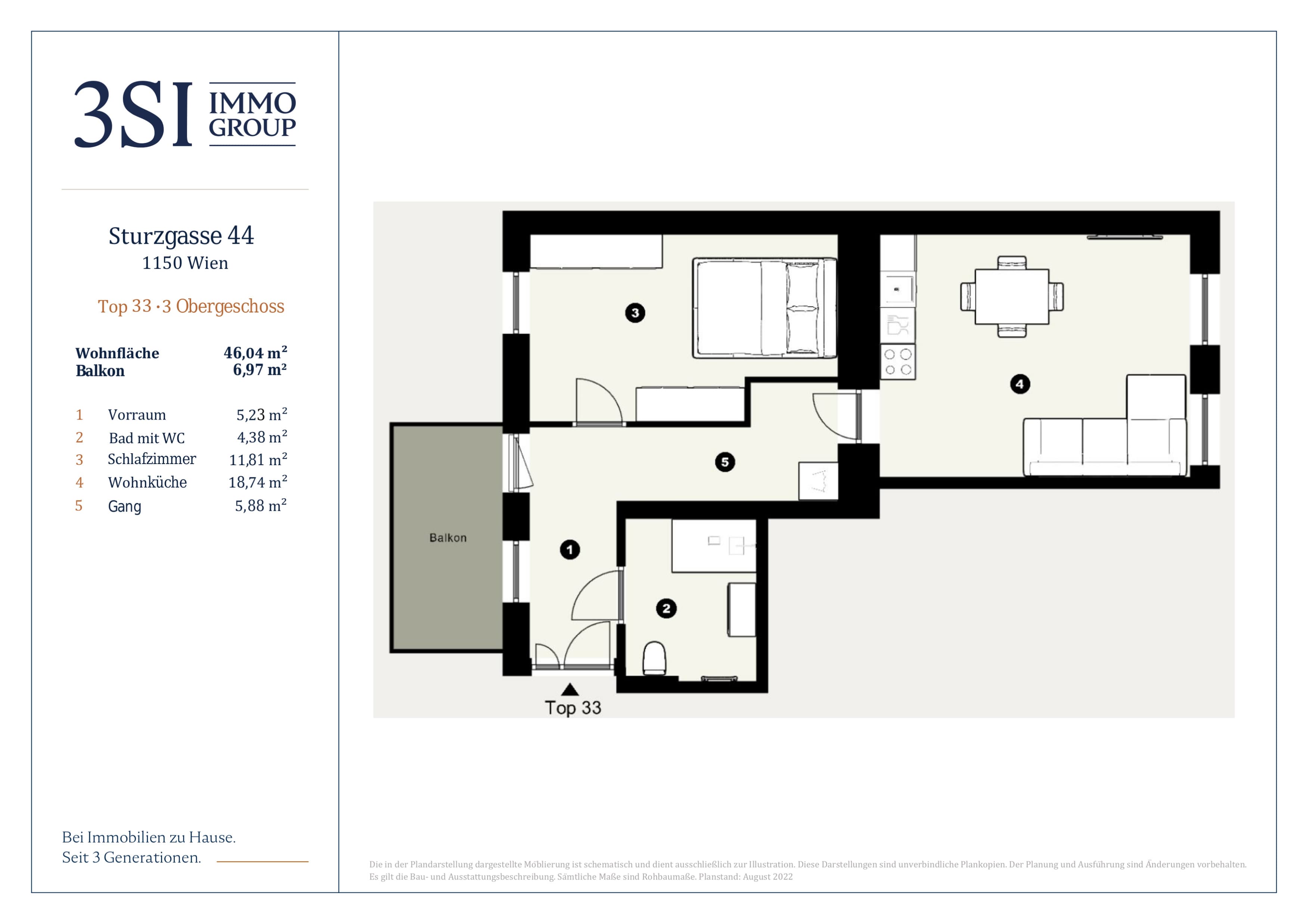 Grundriss Top 33 — Sturzgasse 44 — 2 Zimmer — 46 m² — 3rd floor