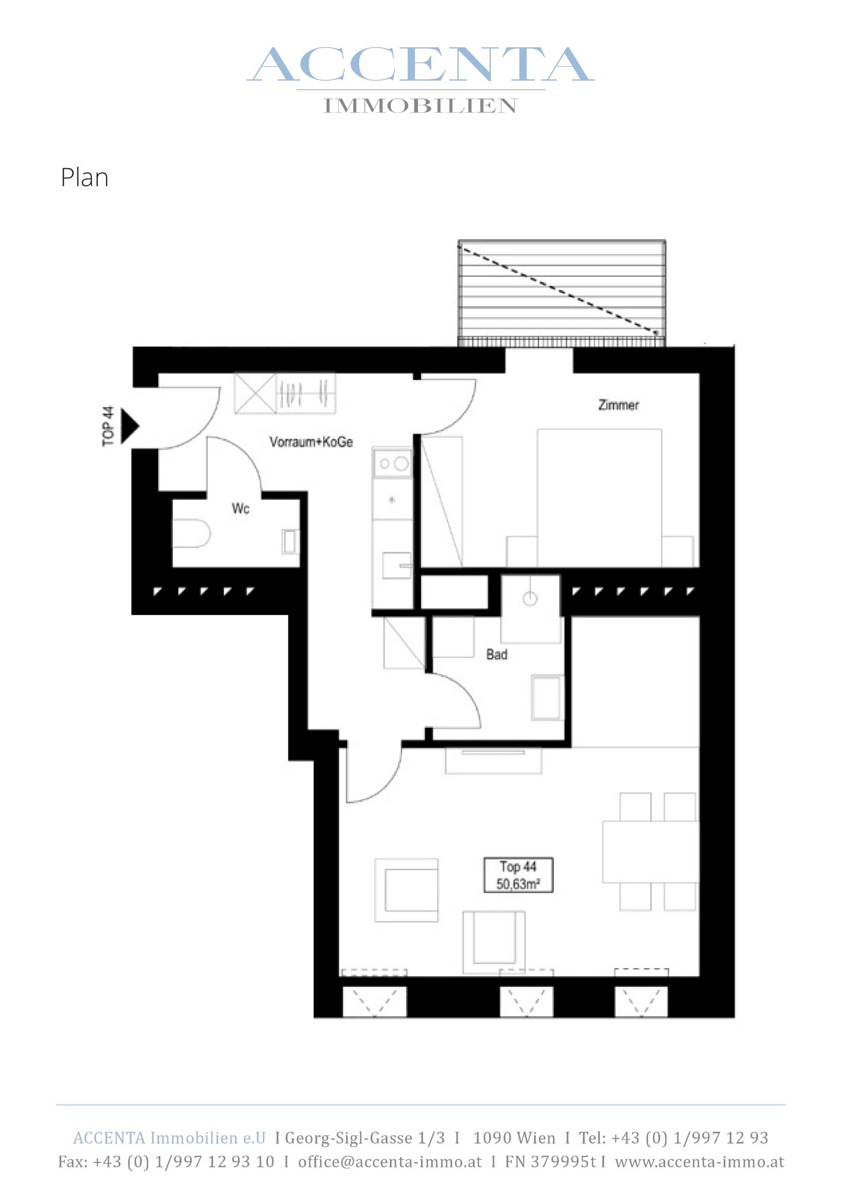 Grundriss Top 44 — Stuwerstraße 60 — 2 Zimmer — 50,4 m² — 1st attic floor