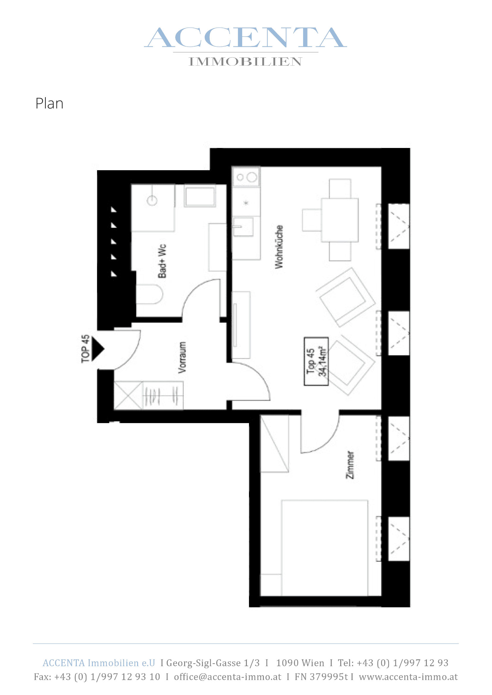 Grundriss Top 45 — Stuwerstraße 60 — 2 Zimmer — 34,1 m² — 1st attic floor