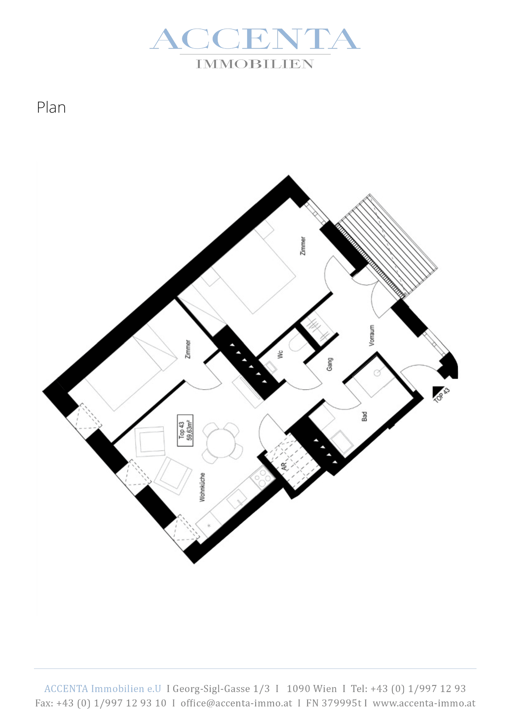 Grundriss Top 43 — Stuwerstraße 60 — 3 Zimmer — 59,6 m² — 1st attic floor