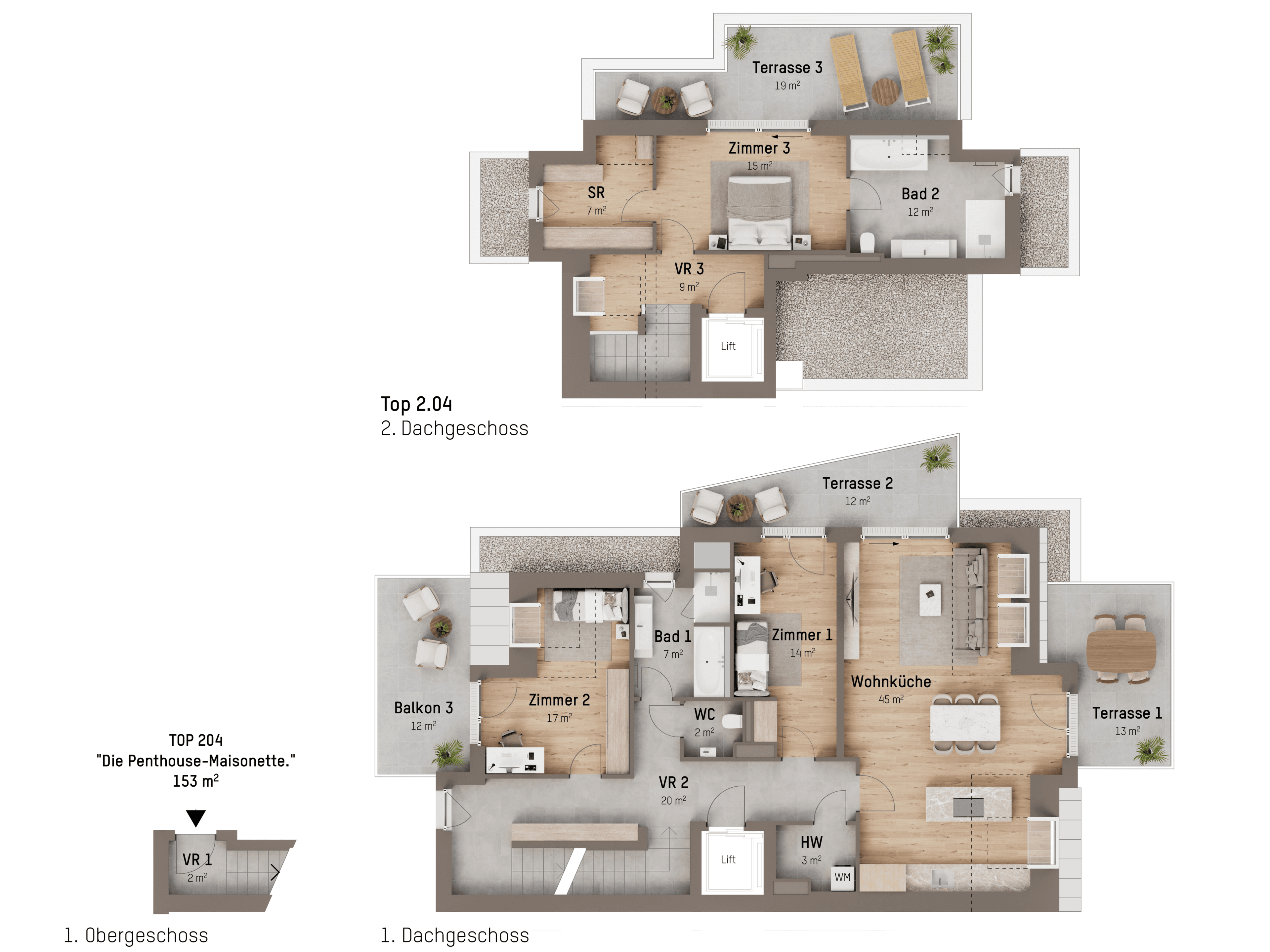 Grundriss TOP 2.04 — Tamariskengasse 34 — 4 Zimmer — 153 m² — 1st attic floor — Grundriss 1/3
