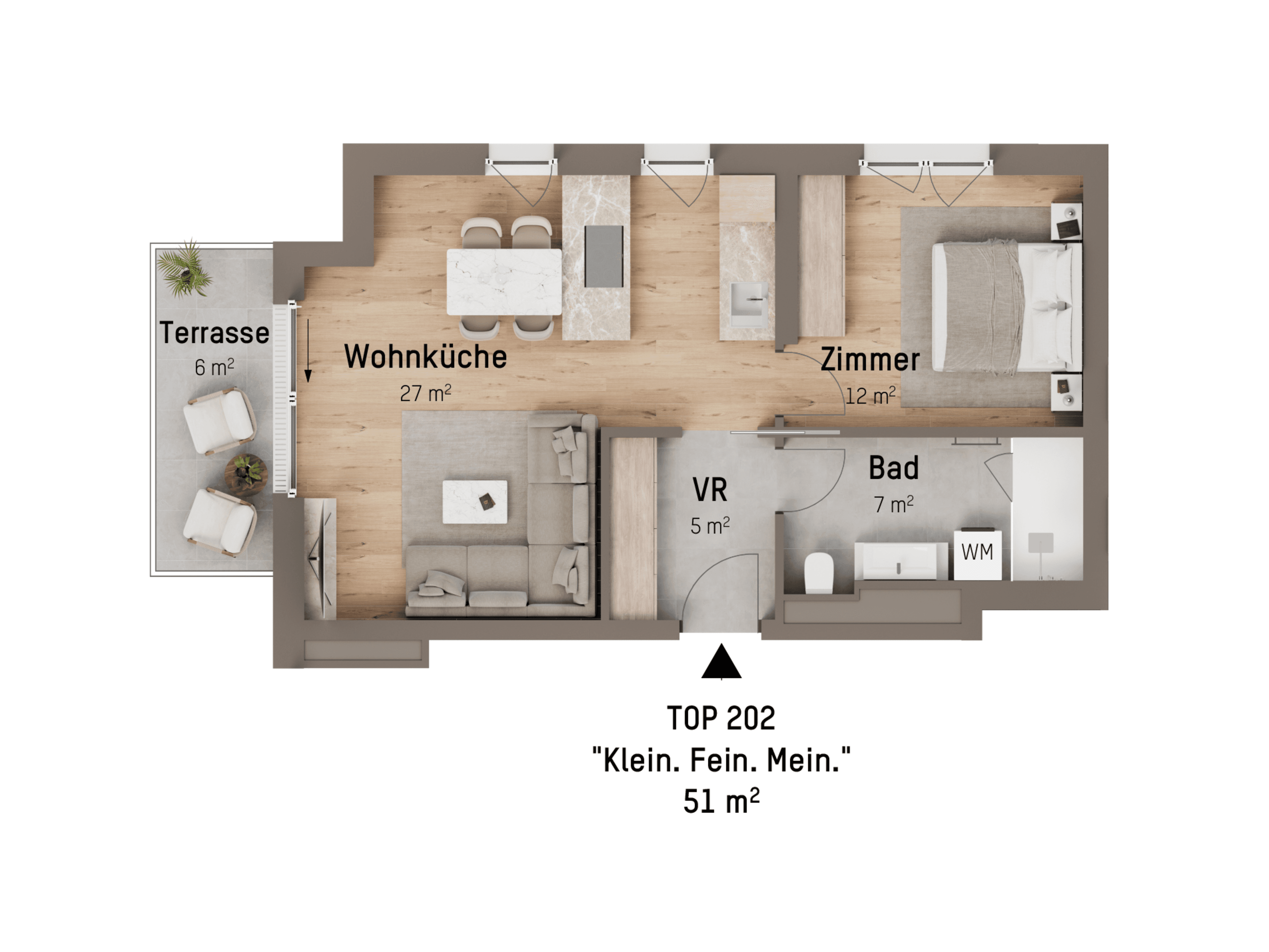 Grundriss TOP 2.02 — Tamariskengasse 34 — 2 Zimmer — 51 m² — 1st floor — Grundriss 1/2