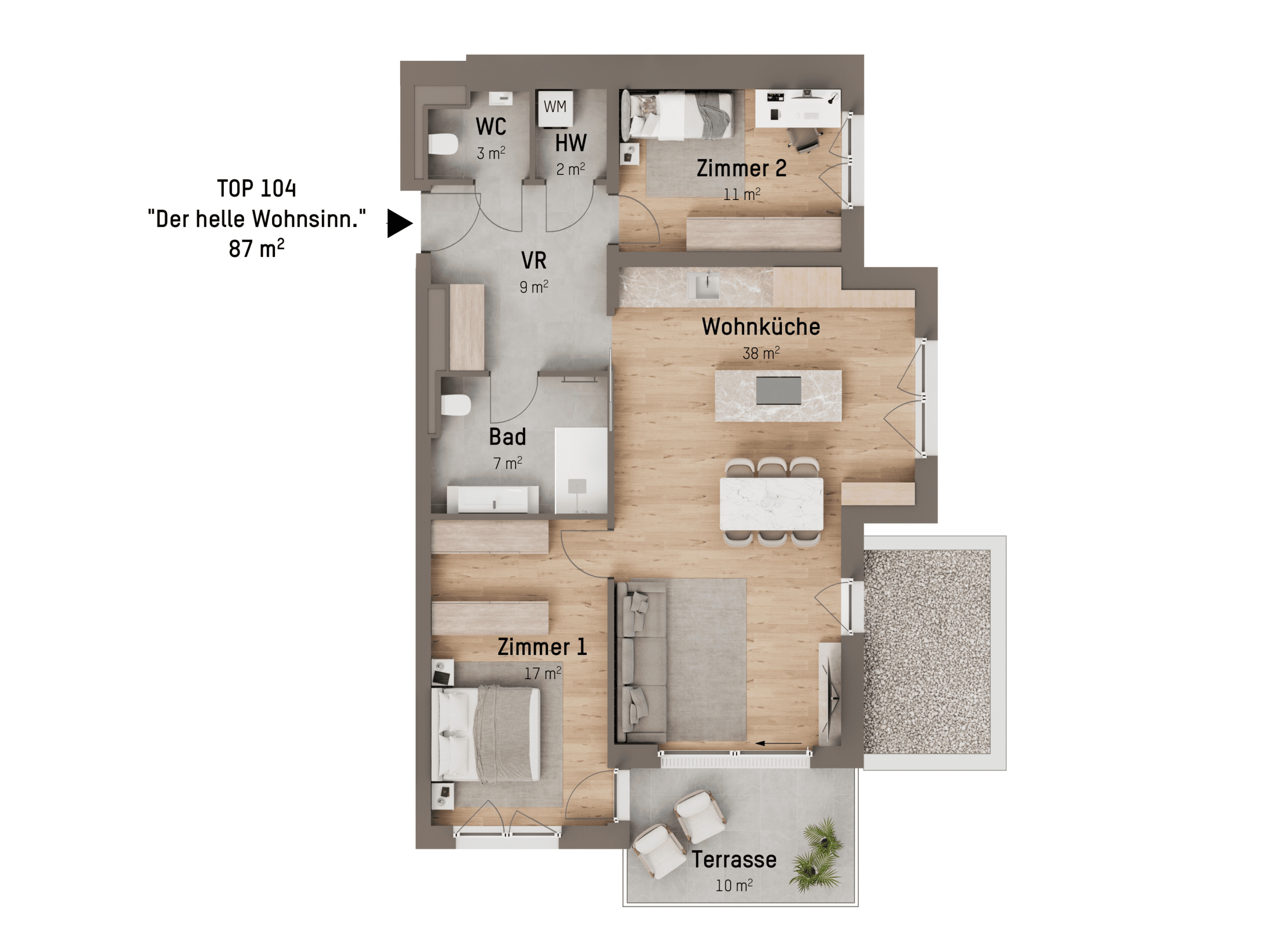 Grundriss TOP 1.04 — Tamariskengasse 34 — 3 Zimmer — 87 m² — 1st floor — Grundriss 1/2