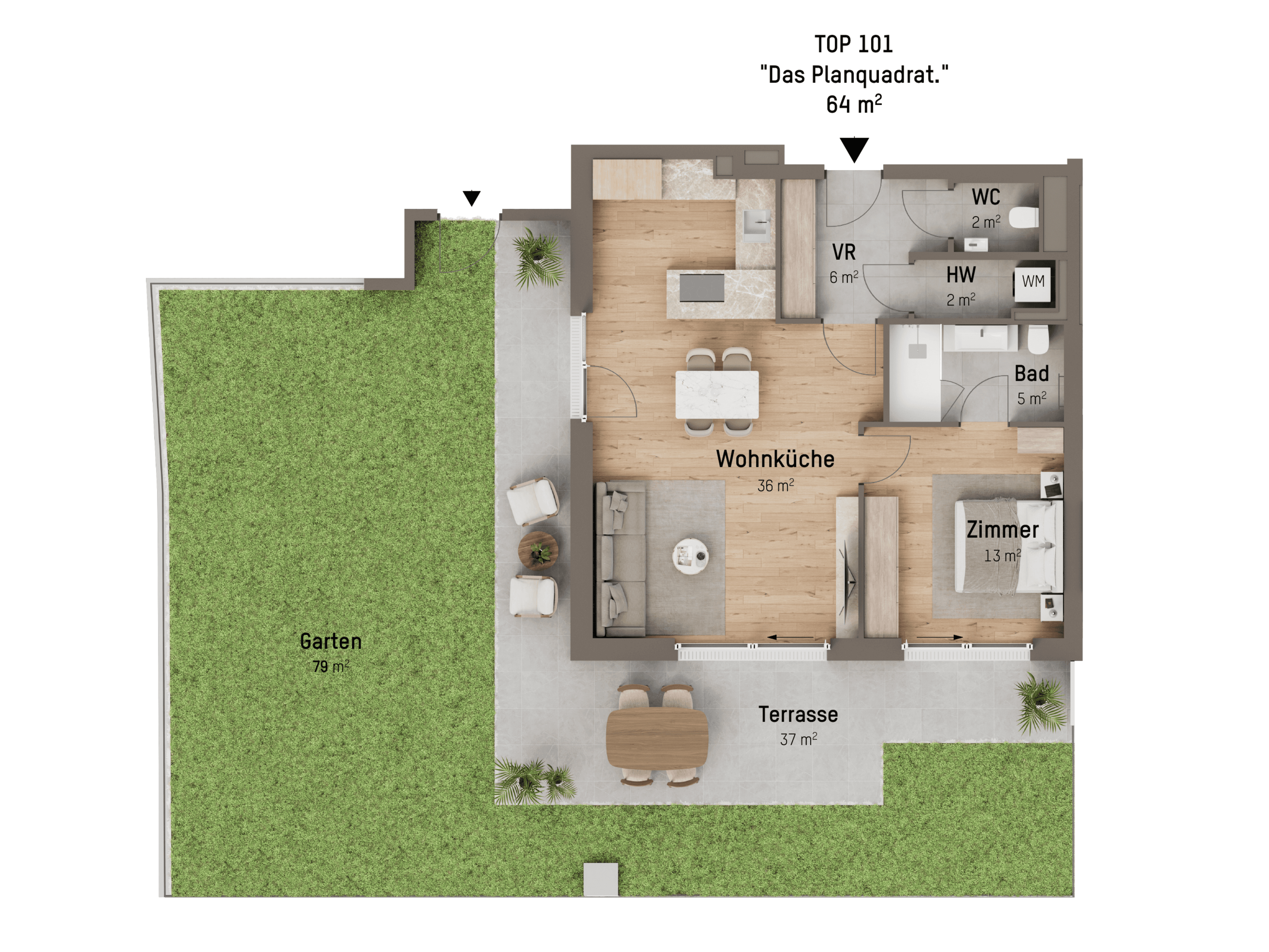 Grundriss TOP 1.01 — Tamariskengasse 34 — 2 Zimmer — 64 m² — Ground floor — Grundriss 1/2